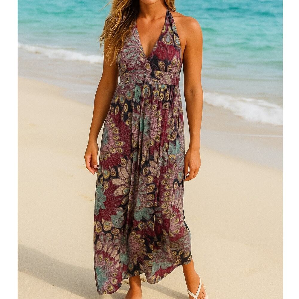 Anthropologie Halter Maxi Dress in Burgundy and Teal Peacock Motif